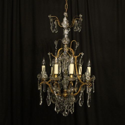 French Gilded Birdcage & Crystal 7 Light Antique Chandelier