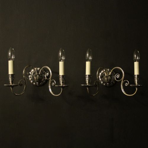 English Pair of Silver Twin Arm Antique Wall Lights
