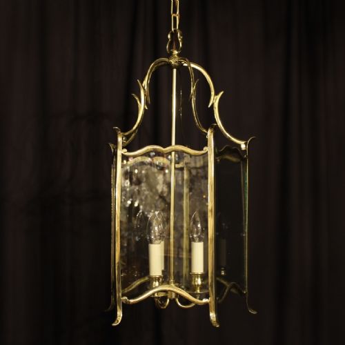 English Brass Triple Light 5 Sided Antique Hall Lantern