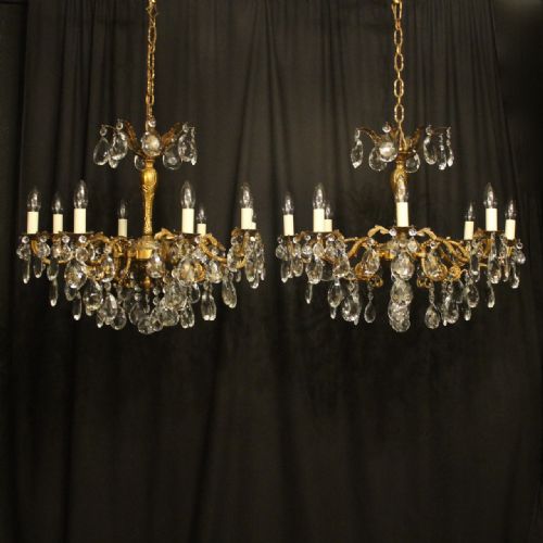 Italian Pair Gilded 8 Light Antique Chandeliers