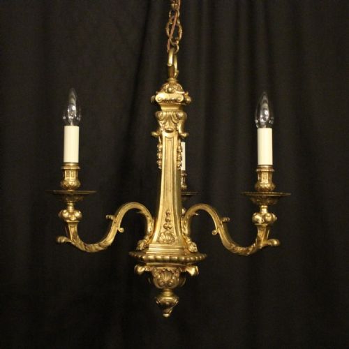 English 19th C Gilded Bronze Triple Light Antique Chandelier
