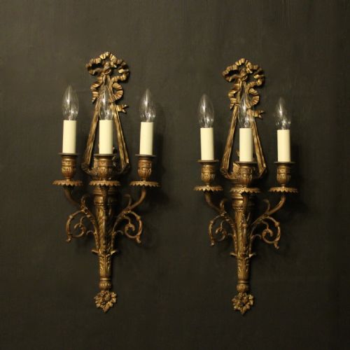 French 19th Century Gilded Bronze Triple Arm Antique Wall Sconces