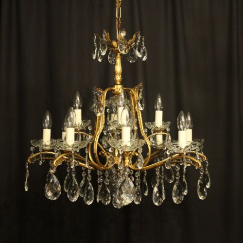 Italian Gilded Brass & Crystal 13 Light Birdacge Antique Chandelier