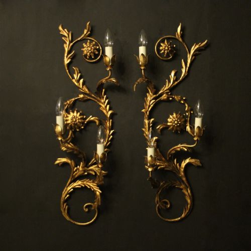 Florentine Pair of Gilded Triple Arm Wall Lights
