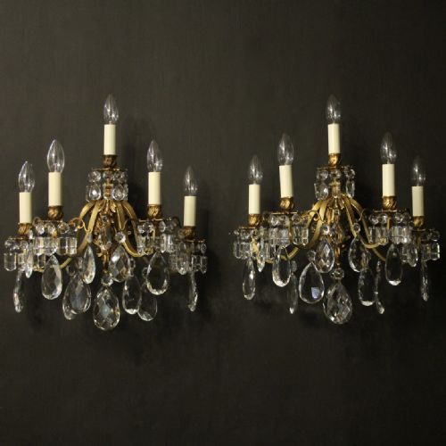 French Pair of Gilded Bronze & Crystal Antique Wall Lights