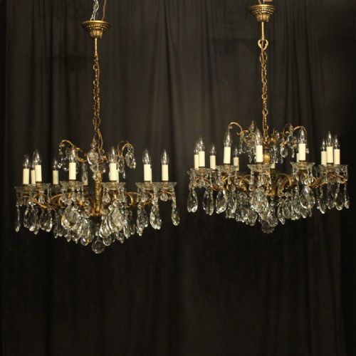 Italian Pair Gilded Bronze & Crystal 12 Light Antique Chandeliers
