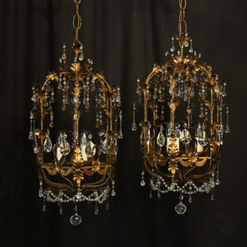 Florentine Pair of Triple Light Cage Chandeliers