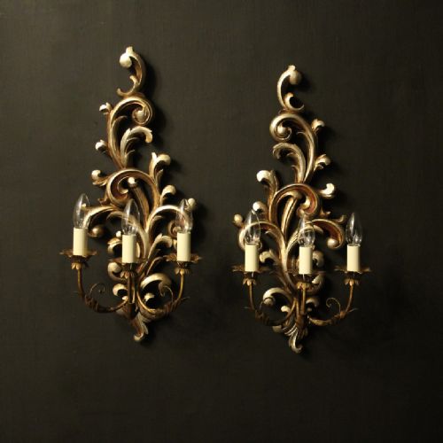Italian Pair of Polychrome Triple Arm Wall Lights