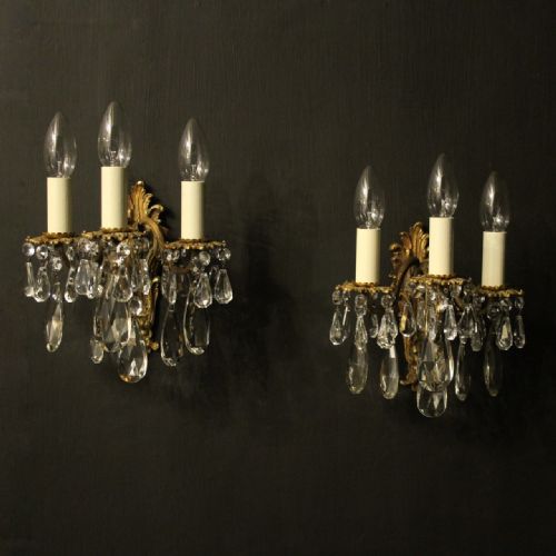 Italian Pair of Gilded Bronze & Crystal Antique Wall Lights