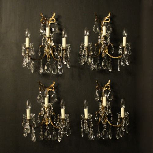 French Set of 4 Gilded Brass & Crystal Antique Wall Lights