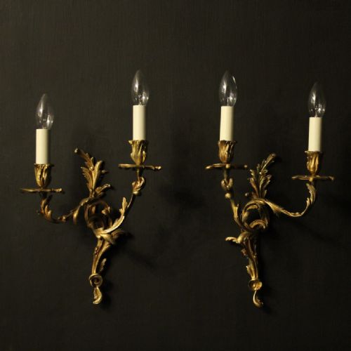 French Pair of Gilded Bronze Antique Wall Sconces