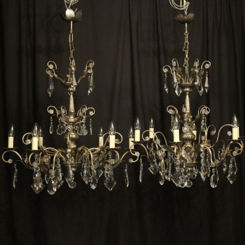 Italian Pair of Silver & Crystal Genoa 6 Light Antique Chandeliers