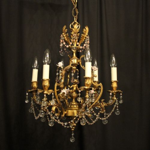 Italian Gilded Bronze & Crystal 6 Light Cherub Antique Chandelier