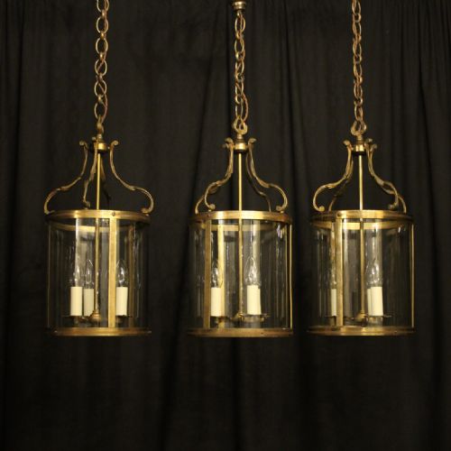 French Set of Three Gilded Brass Convex Antique Lanterns