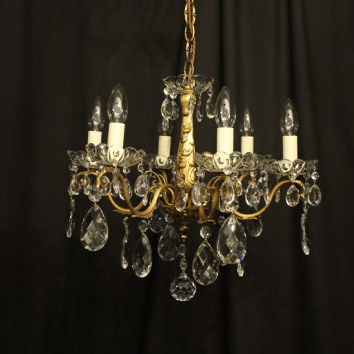 French Small Gilded & Crystal 6 Light Antique Chandelier