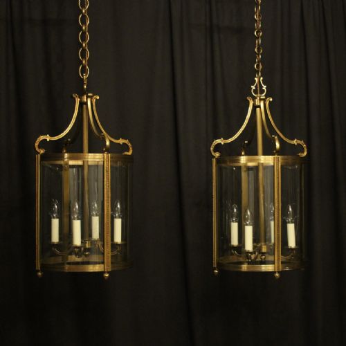 French Large Pair of Bronze Convex Antique Hall Lanterns