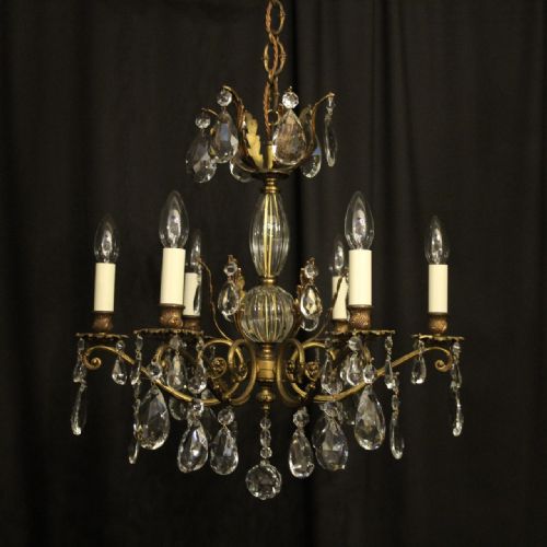 French Gilded Brass & Crystal 6 Light Antique Chandelier