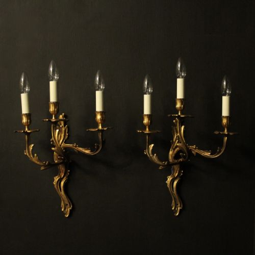French Pair of Gilded Triple Arm Wall Lights