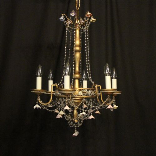 Italian Giltwood, Crystal & Floral 6 Arm Antique Chandelier