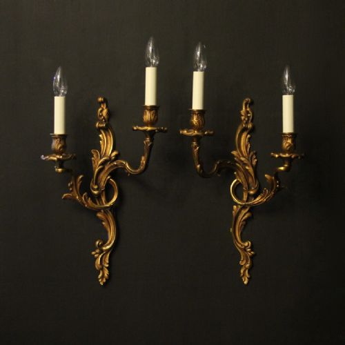 French Pair of Gilded Bronze Twin Arm Antique Wall Lights