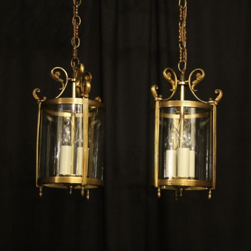 French Small Pair of Gilded Concex Antique Hall Lanterns