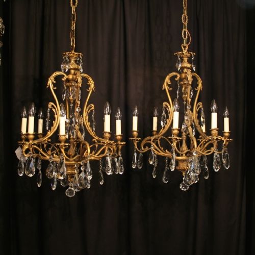 Italian Pair of Gilded Bronze & Crystal Antique Chandeliers