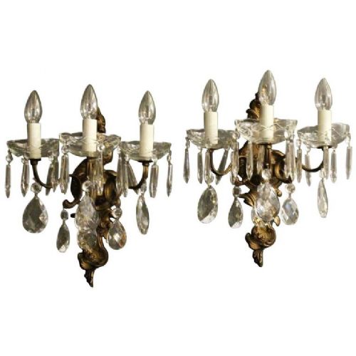 Italian Pair of Gilded & Crystal Triple Arm Antique Wall Lights
