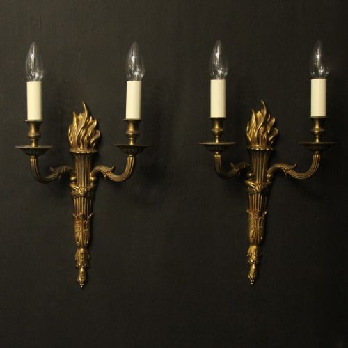 French Pair of Gilded Bronze Twin Arm Antique Wall Lights