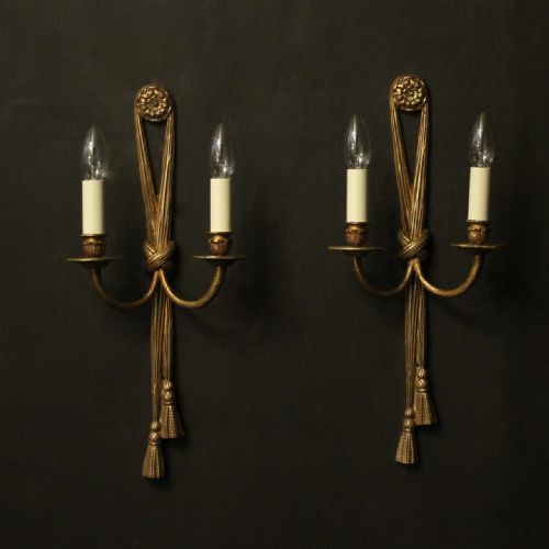 French Pair of Gilded Brass Rope Wall Lights