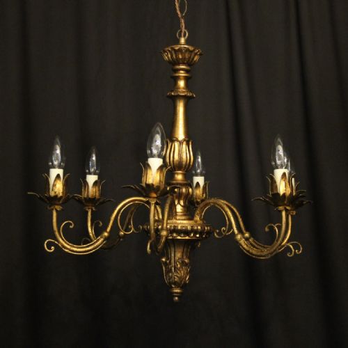 French Giltwood & Toleware 6 Light Chandelier