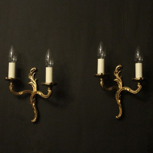 French Small Pair of Gilded Bronze Twin Arm Antique Wall Lights