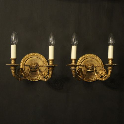 French Pair of Gilded Bronze Lion Head Antique Wall Lights