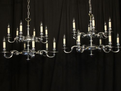 English Pair 12 Light Double Tiered Chandeliers