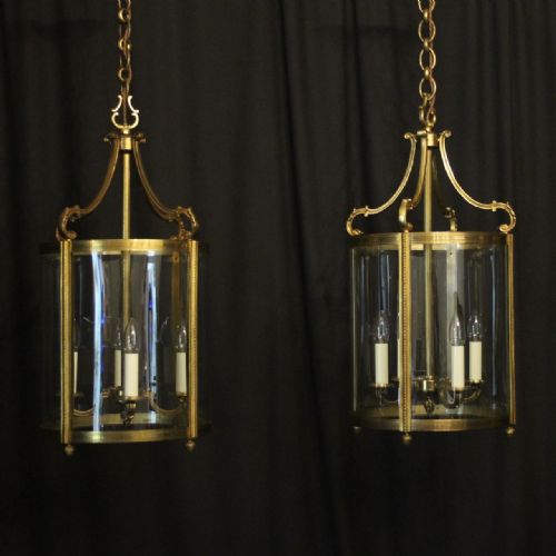 French Pair of Gilded Bronze 4 Light Antique Hall Lanterns