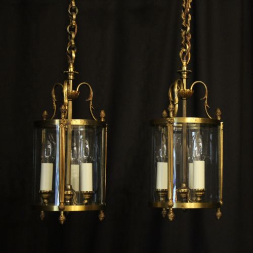 French Pair of Gilded Convex Antique Hall Lanterns