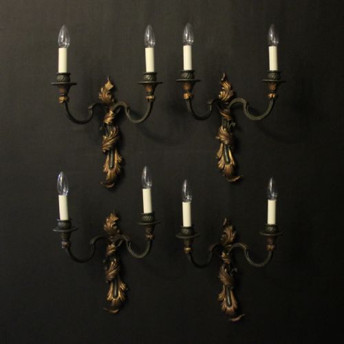 French Set of 4 Polychrome & Toleware Twin Arm Wall Lights