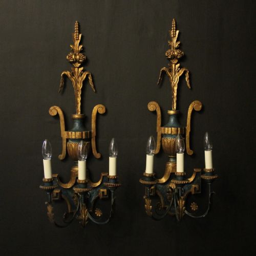 Florentine Pair of Giltwood, Polychrome & Toleware Wall Lights