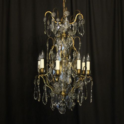 French Gilded Brass & Crystal 8 Light Antique Chandelier