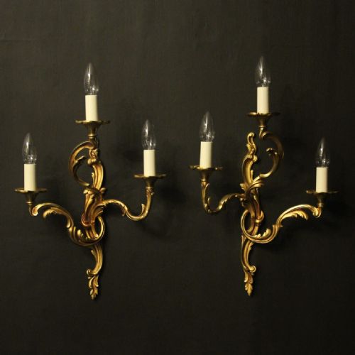 French Pair of Gilded Bronze Triple Arm Antique Wall Lights