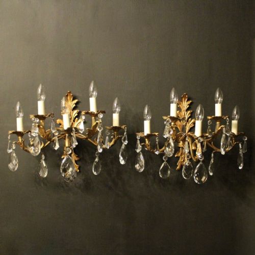 Italian Gilded Bronze Pair of Five Arm Antique Wall Lights