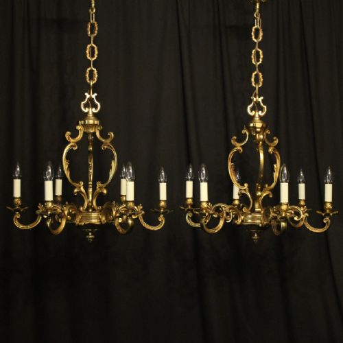 French Pair Gilded Bronze 6 Light Antique Chandeliers