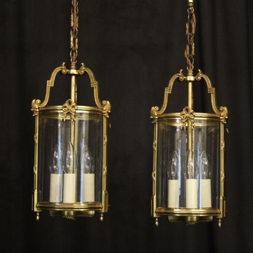French Pair of Gilded Convex Antique Hall Lanterns