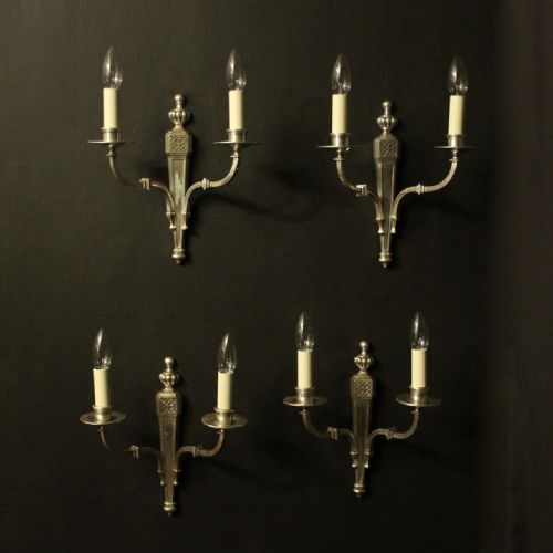 English Set of 4 Twin Arm Nickel Antique Wall Lights