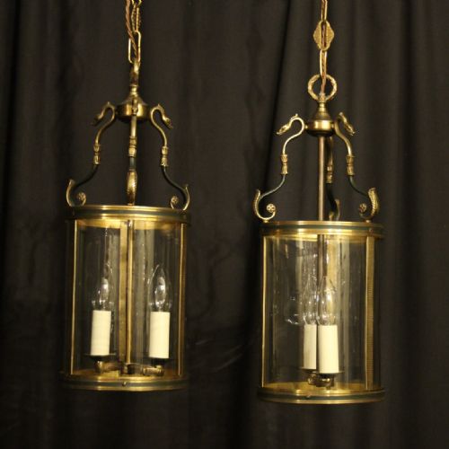 French Pair of Gilded Empire Convex Antique Hall Lanterns