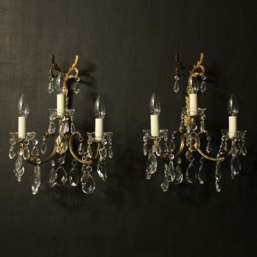French Pair of Gilt & Crystal Antique Wall Lights