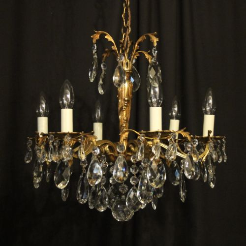 Italian Small Gilded Bronze & Crystal 6 Light Antique Chandelier