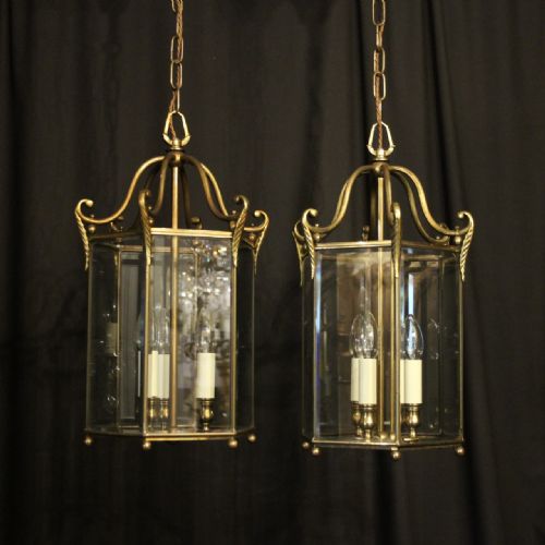 French Pair of Gilded Hexagonal Antique Hall Lanterns