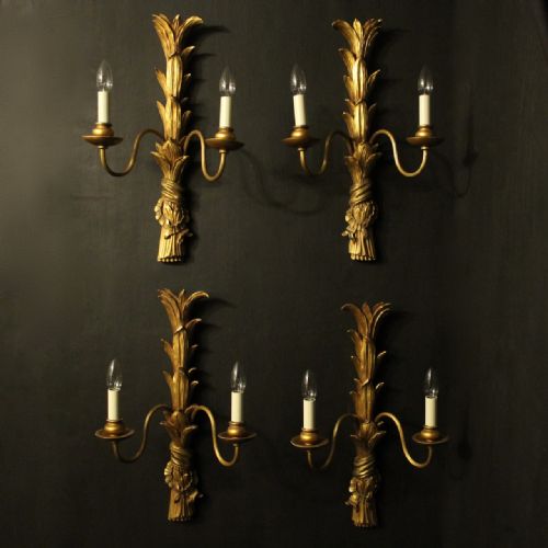 French Set of 4 Twin Arm Giltwood Antique Wall Lights