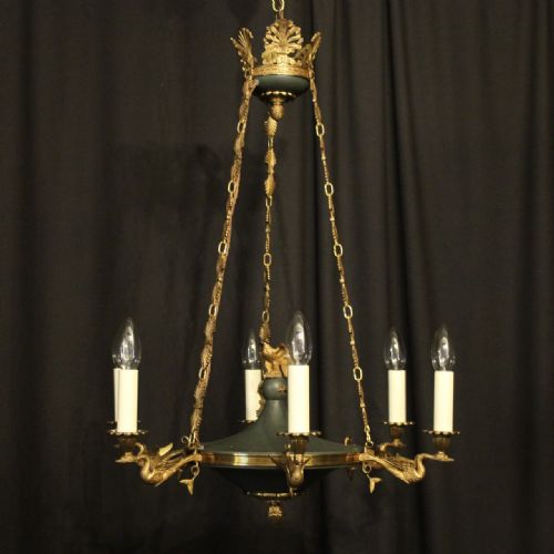 French Gilded Brass Empire 6 Light Chandelier