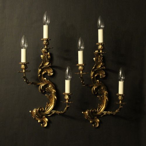 French Pair of Gilded Triple Arm Wall Lights